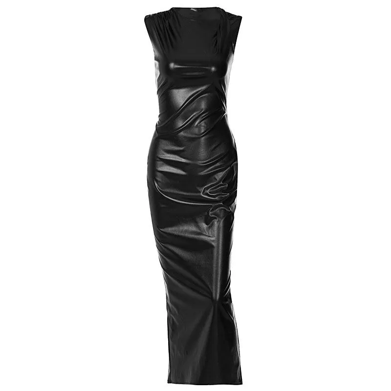 Asymmetrical Neck Twist Trim Sleeveless Faux Leather Bodycon Maxi Dress - Black