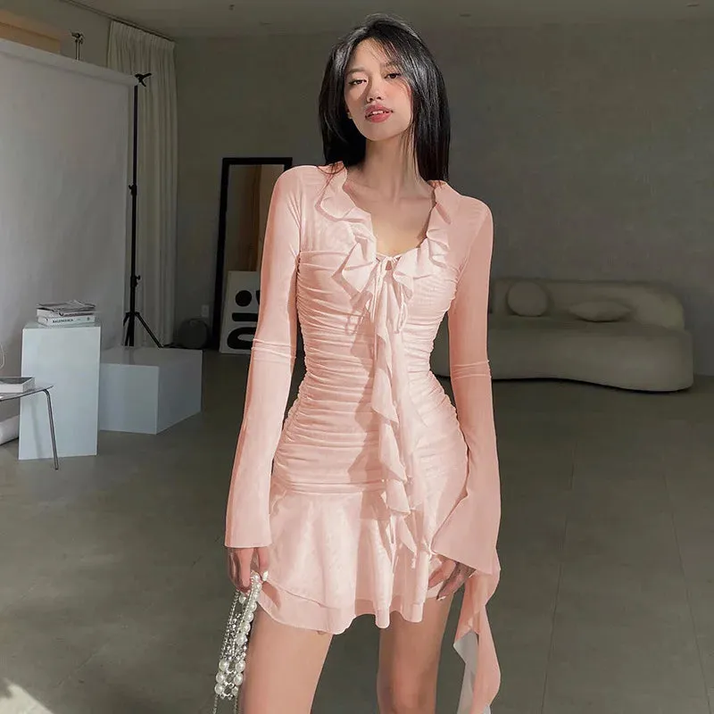 Bandage Folds V Neck Sexy Slim Long Sleeve Bodycon Mini Dress