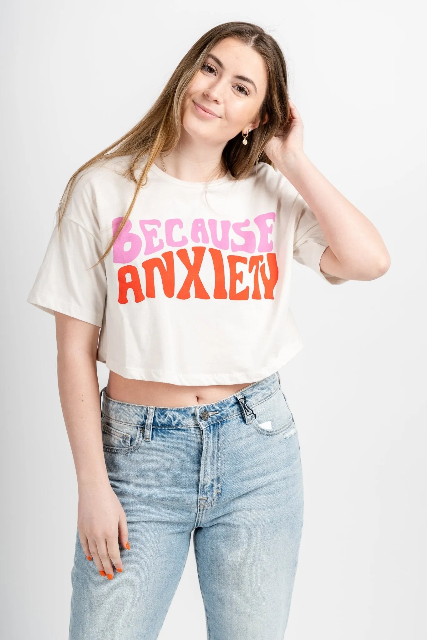 Because anxiety crop t-shirt  white