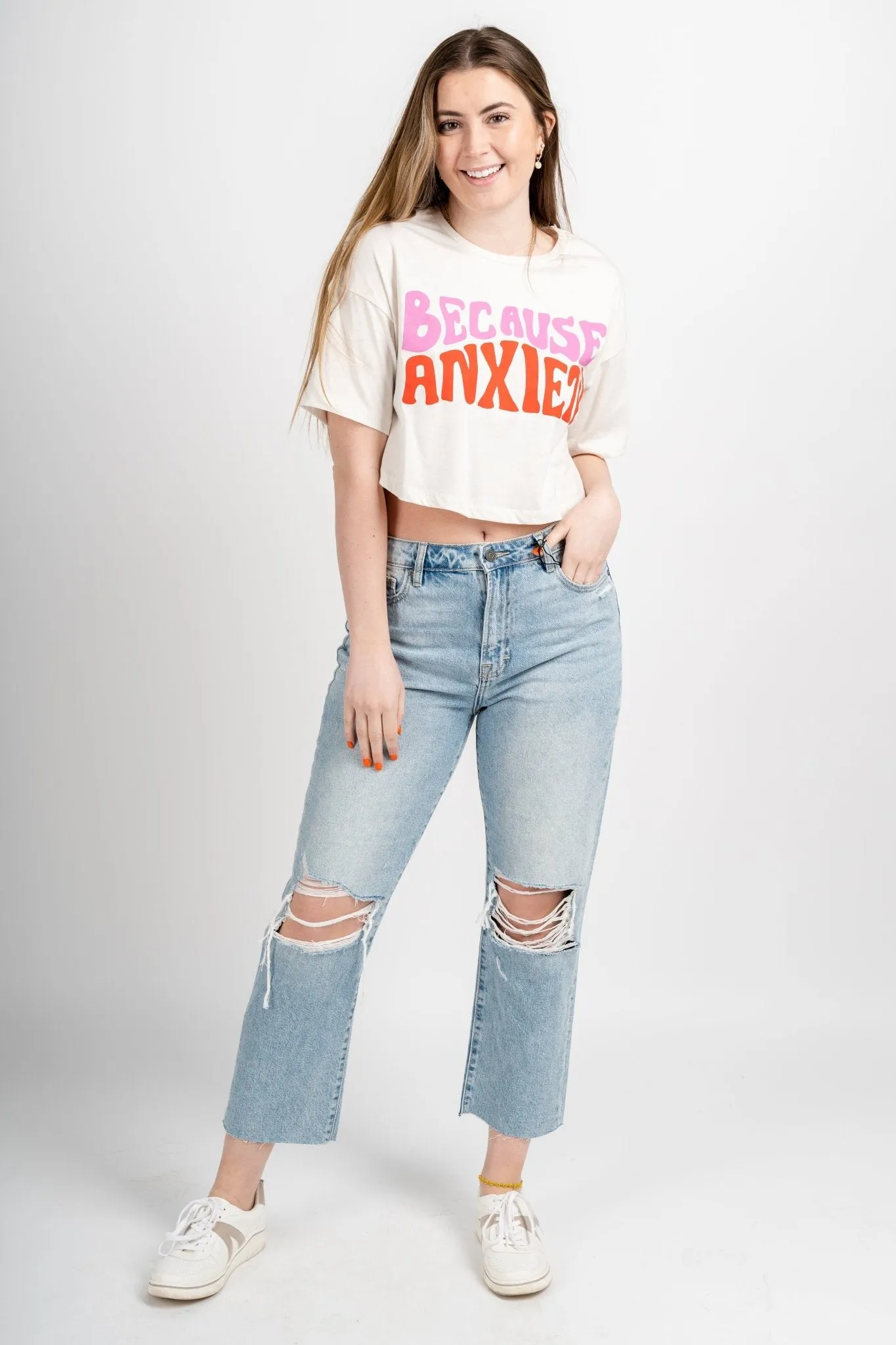 Because anxiety crop t-shirt  white