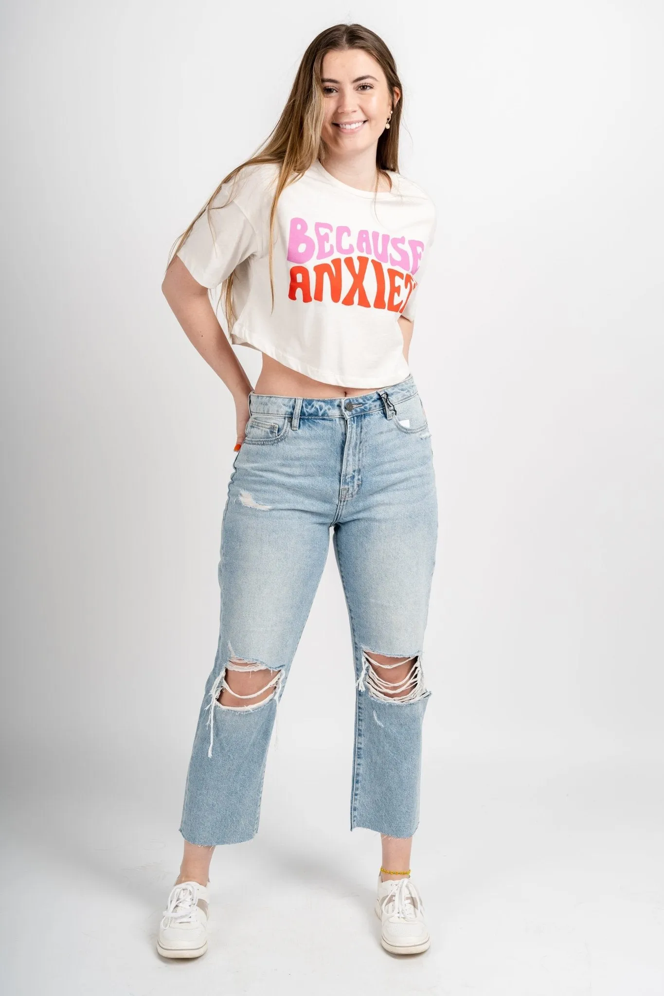 Because anxiety crop t-shirt  white