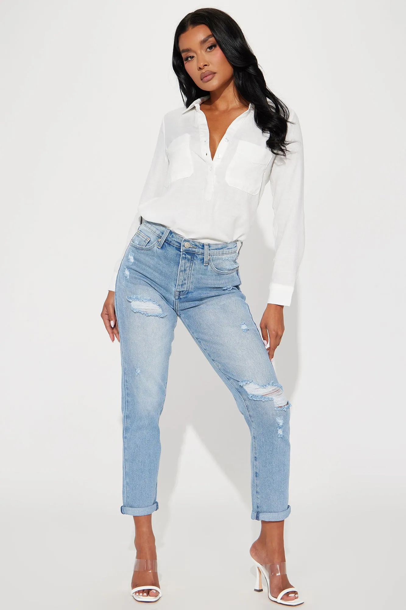 Best Interest Ripped Mom Jean - Light Wash