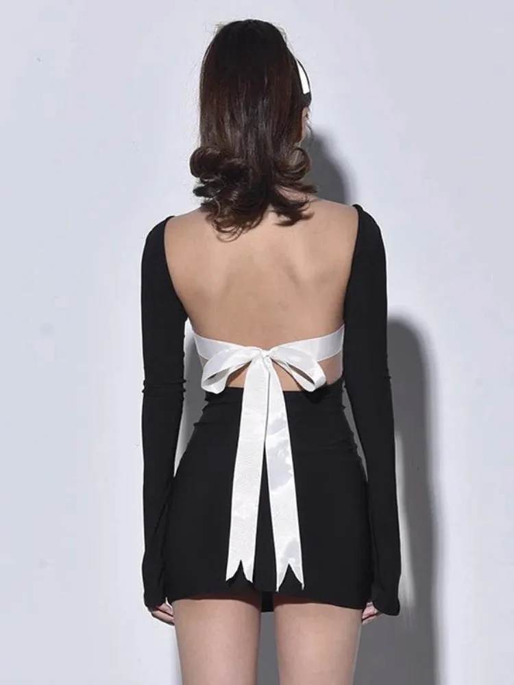 Bow Splice Backless Black Slim Bodycon Long Sleeve Mini Dress