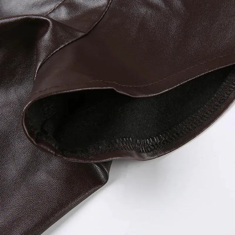 Brown Buckle PU Leather Super Short Jacket