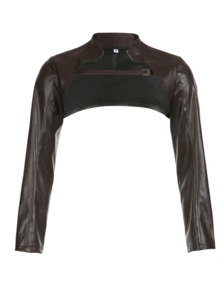 Brown Buckle PU Leather Super Short Jacket