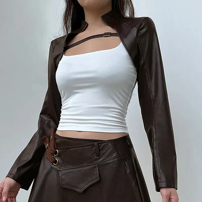 Brown Buckle PU Leather Super Short Jacket