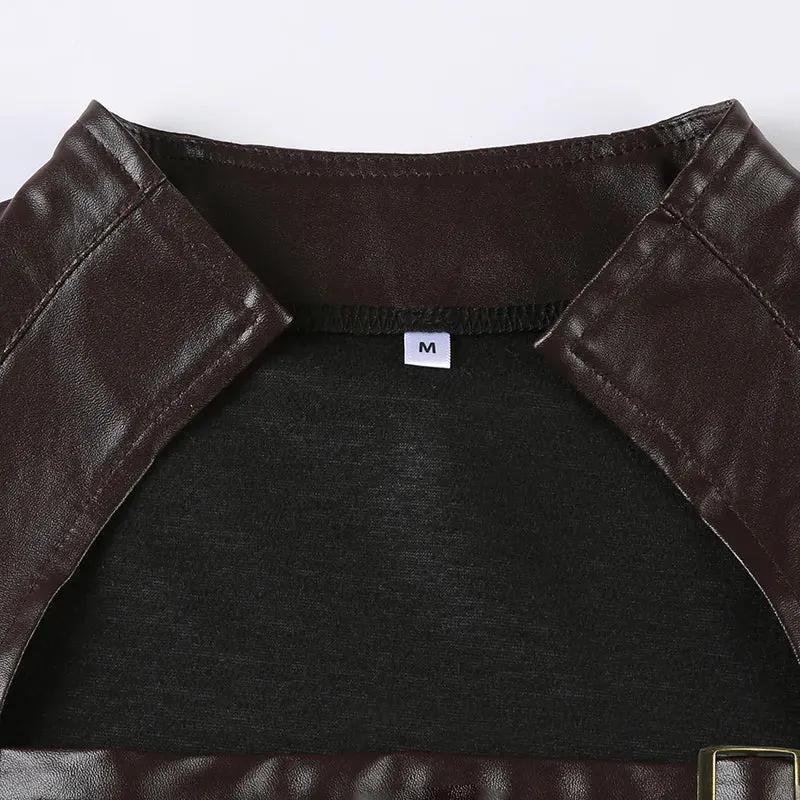 Brown Buckle PU Leather Super Short Jacket