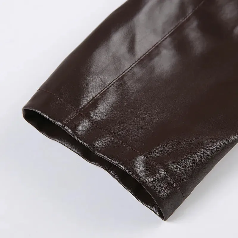 Brown Buckle PU Leather Super Short Jacket
