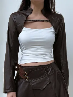 Brown Buckle PU Leather Super Short Jacket