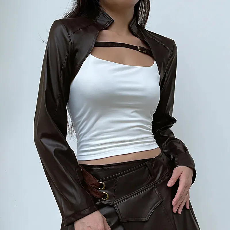 Brown Buckle PU Leather Super Short Jacket