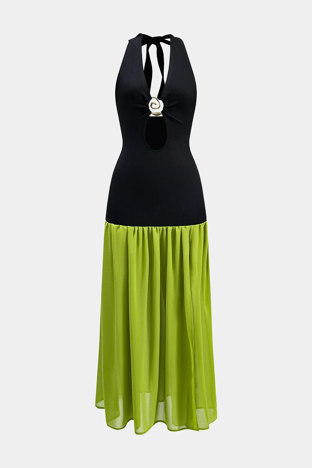 Chiffon Metallic Ruched Patchwork Cut Out Backless Tie Up Sleeveless Maxi Elbise