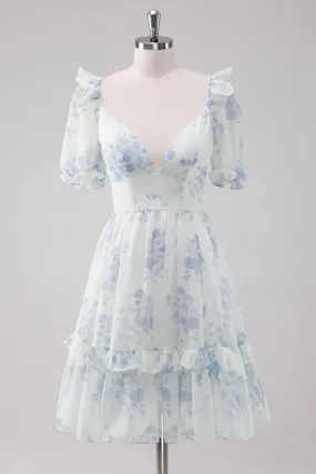 Elegant Homecoming Dress Short Sleeves Light Blue Floral Short with Dress