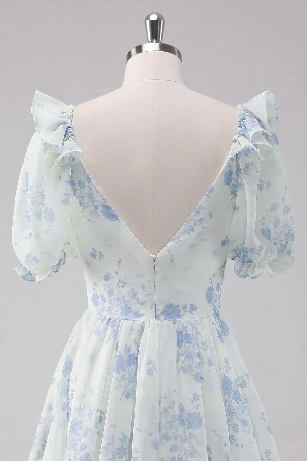 Elegant Homecoming Dress Short Sleeves Light Blue Floral Short with Dress