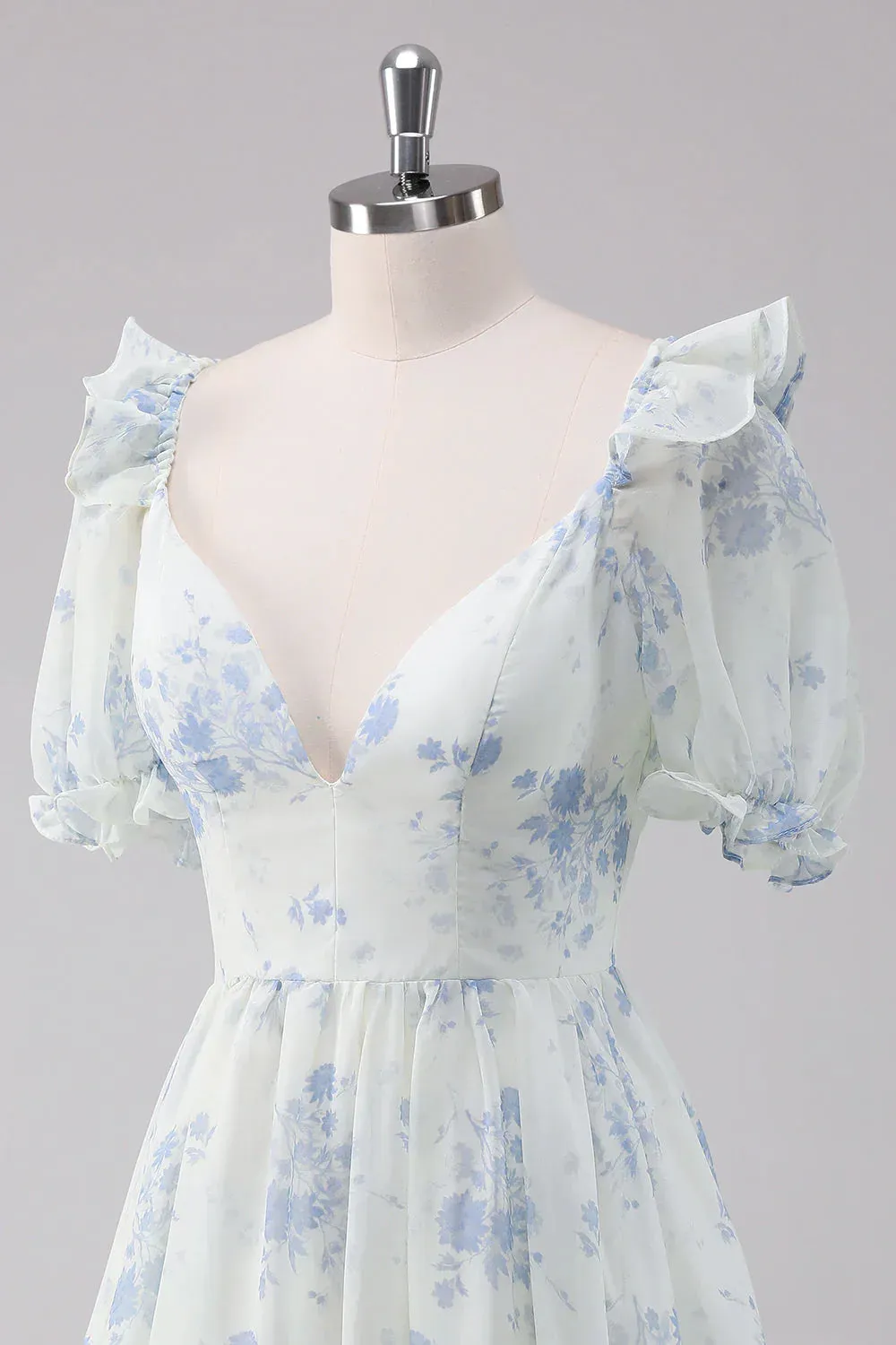 Elegant Homecoming Dress Short Sleeves Light Blue Floral Short with Dress