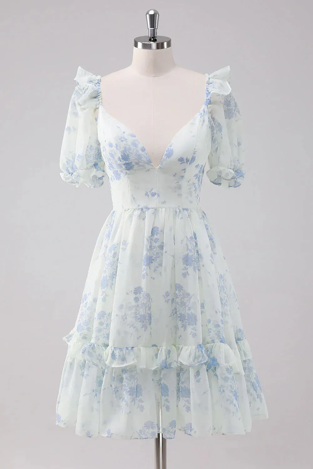 Elegant Homecoming Dress Short Sleeves Light Blue Floral Short with Dress