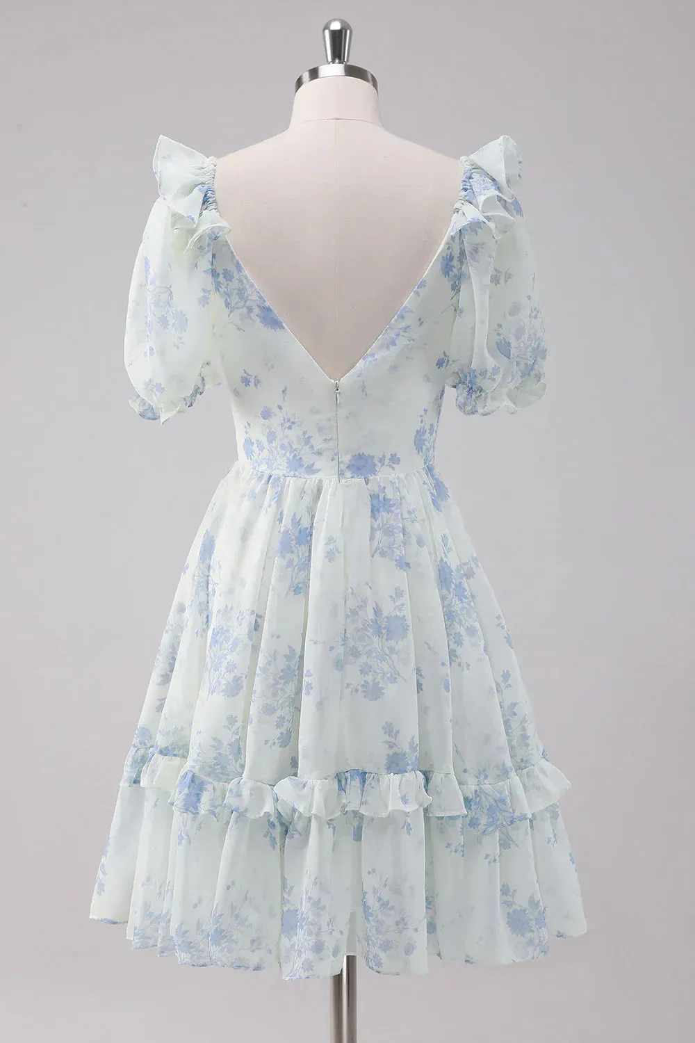 Elegant Homecoming Dress Short Sleeves Light Blue Floral Short with Dress