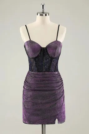 Elegant Homecoming Dresses Dark Purple Pleated Corset Short with Lace Up Back