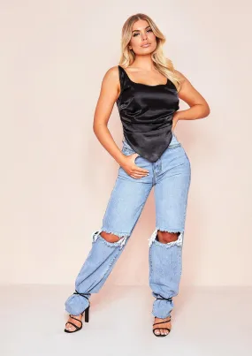 Elif Denim Ripped Knee Distressed Hem Straight Leg Jeans