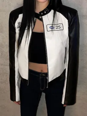 Embroidery Spliced Zip-Up PU Leather Jacket