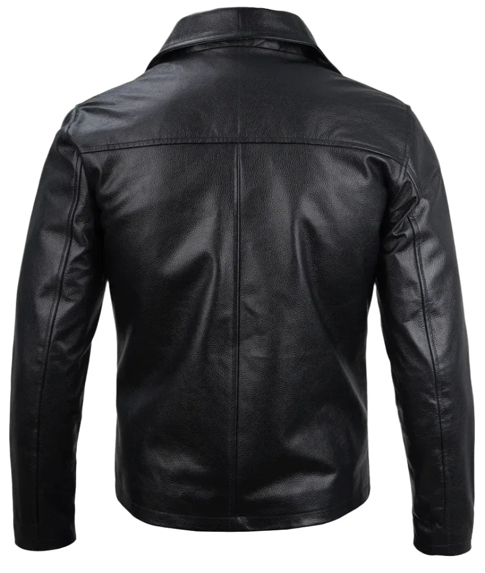 Harrington Men's Black Shirt Collar Cowhide Leather Jacket