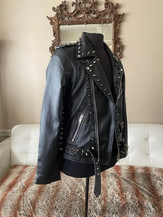 High Quality Lambskin Leather Mens Jacket w Black Studs, M