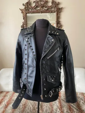High Quality Lambskin Leather Mens Jacket w Black Studs, M