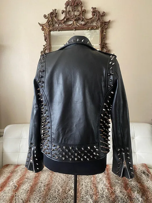 High Quality Lambskin Leather Mens Jacket w Black Studs, M