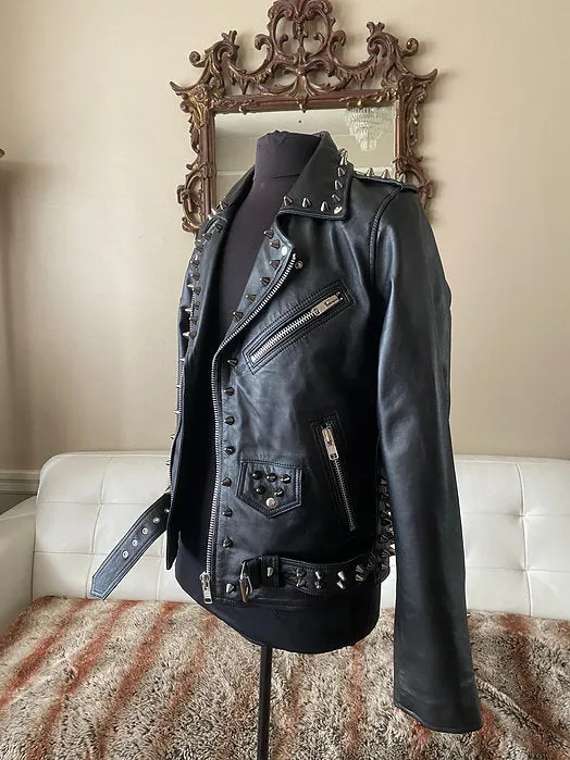 High Quality Lambskin Leather Mens Jacket w Black Studs, M