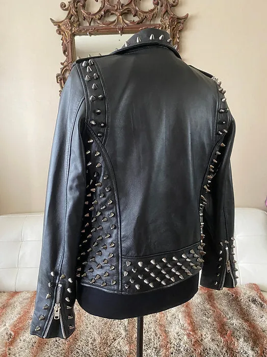 High Quality Lambskin Leather Mens Jacket w Black Studs, M