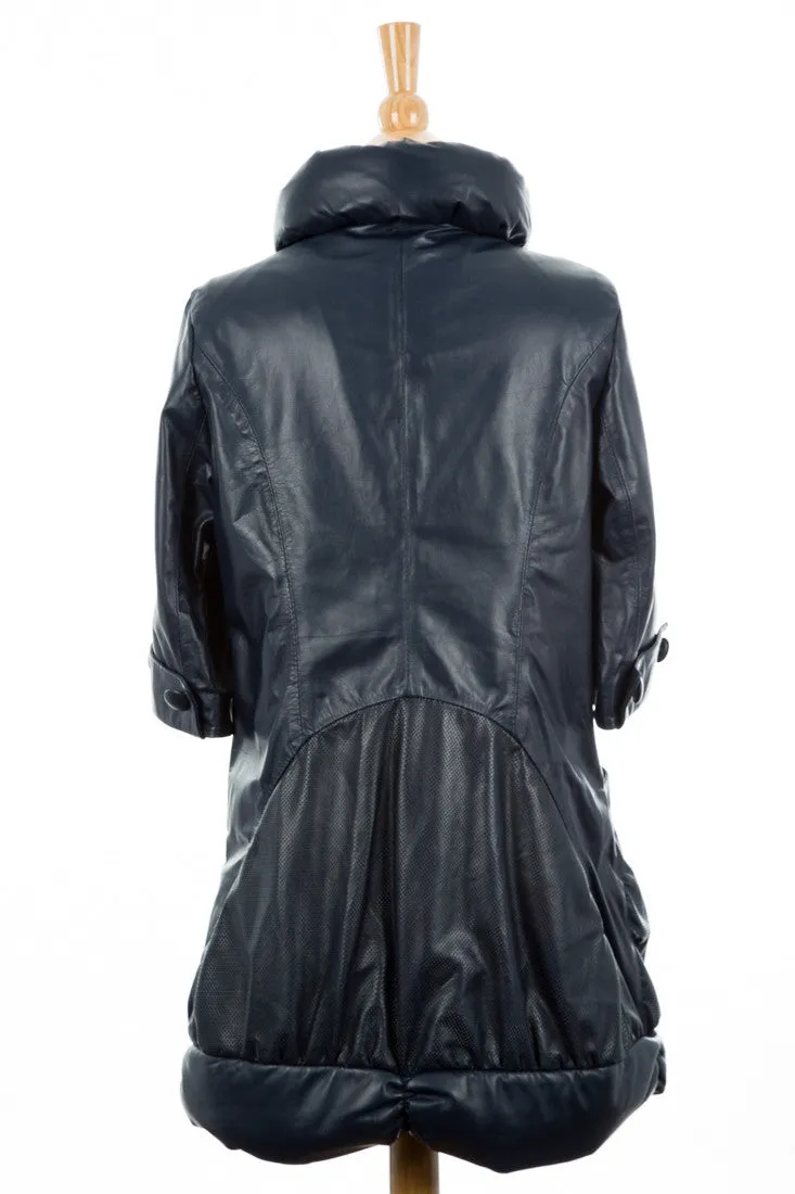 Kai Leather Princess-Neck Long Moto Jacket