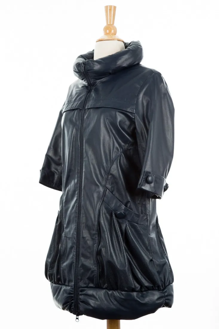 Kai Leather Princess-Neck Long Moto Jacket