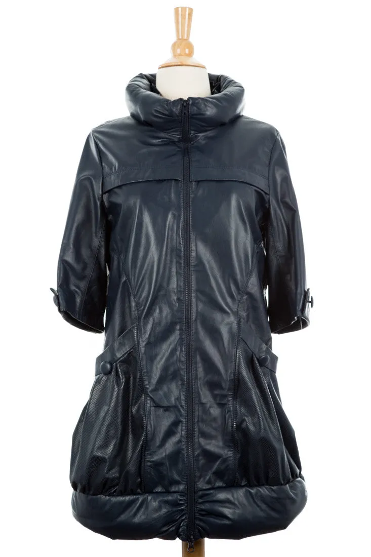 Kai Leather Princess-Neck Long Moto Jacket
