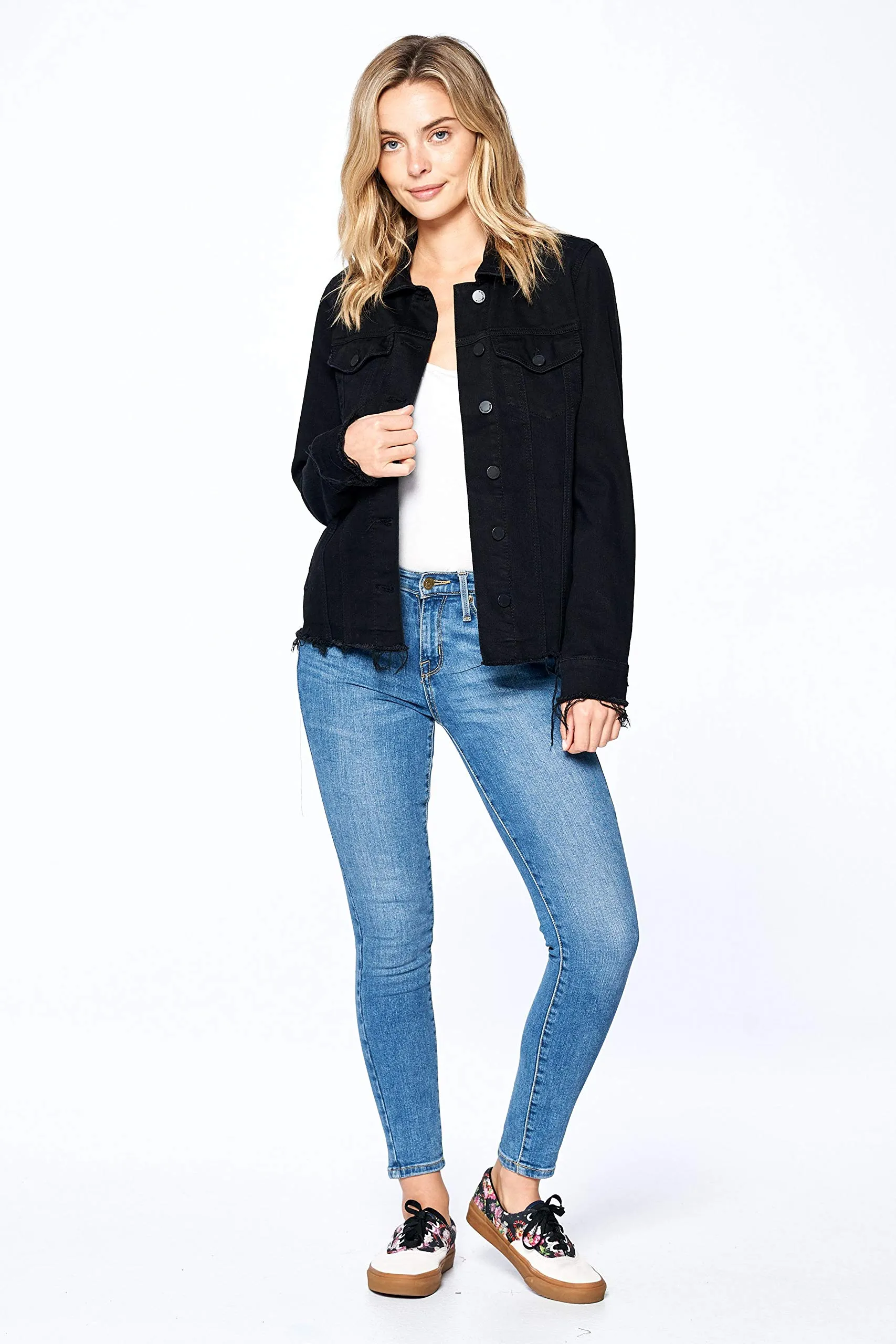 Khanomak Women's Long Sleeve Frayed Distress Denim Jean Jacket