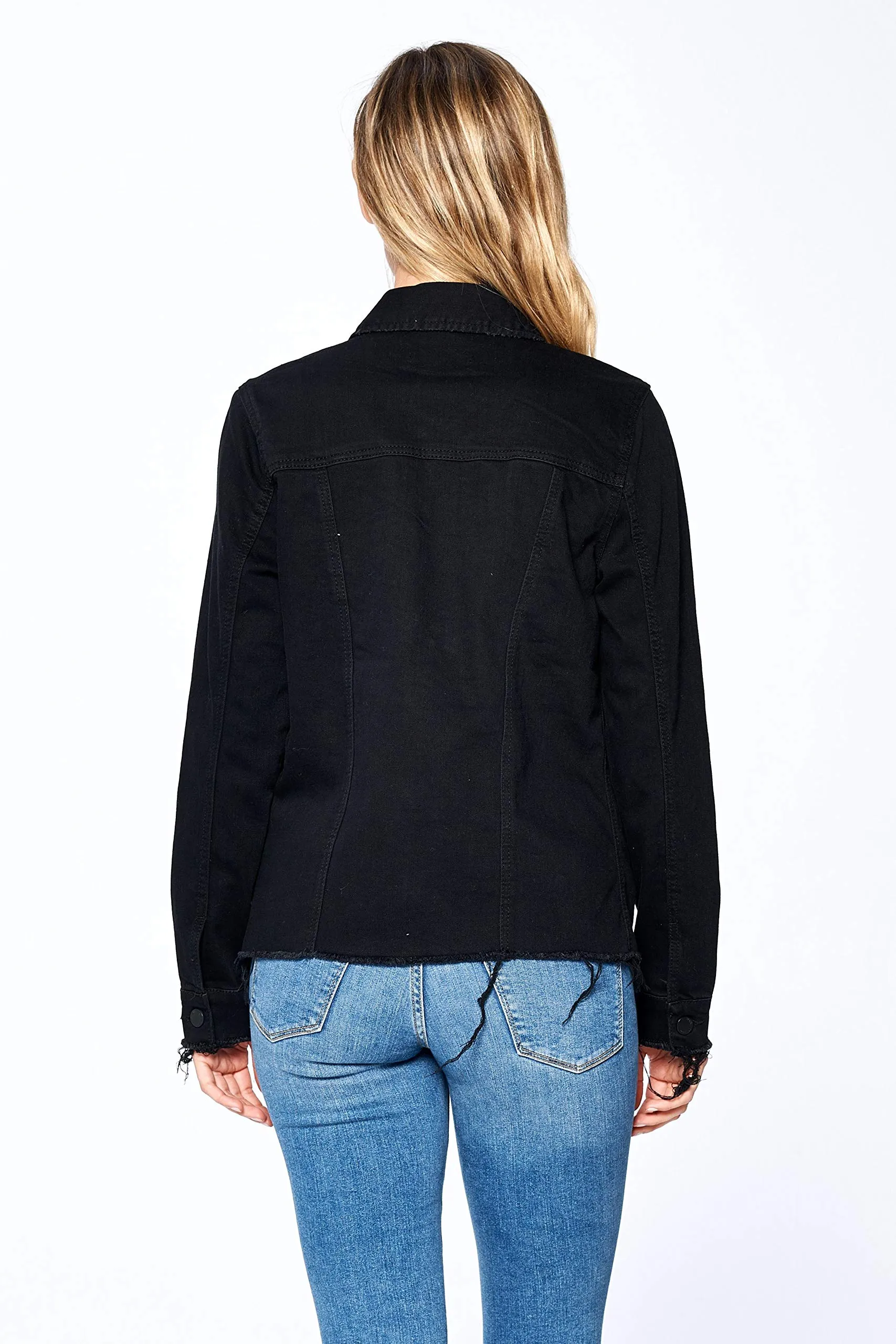 Khanomak Women's Long Sleeve Frayed Distress Denim Jean Jacket