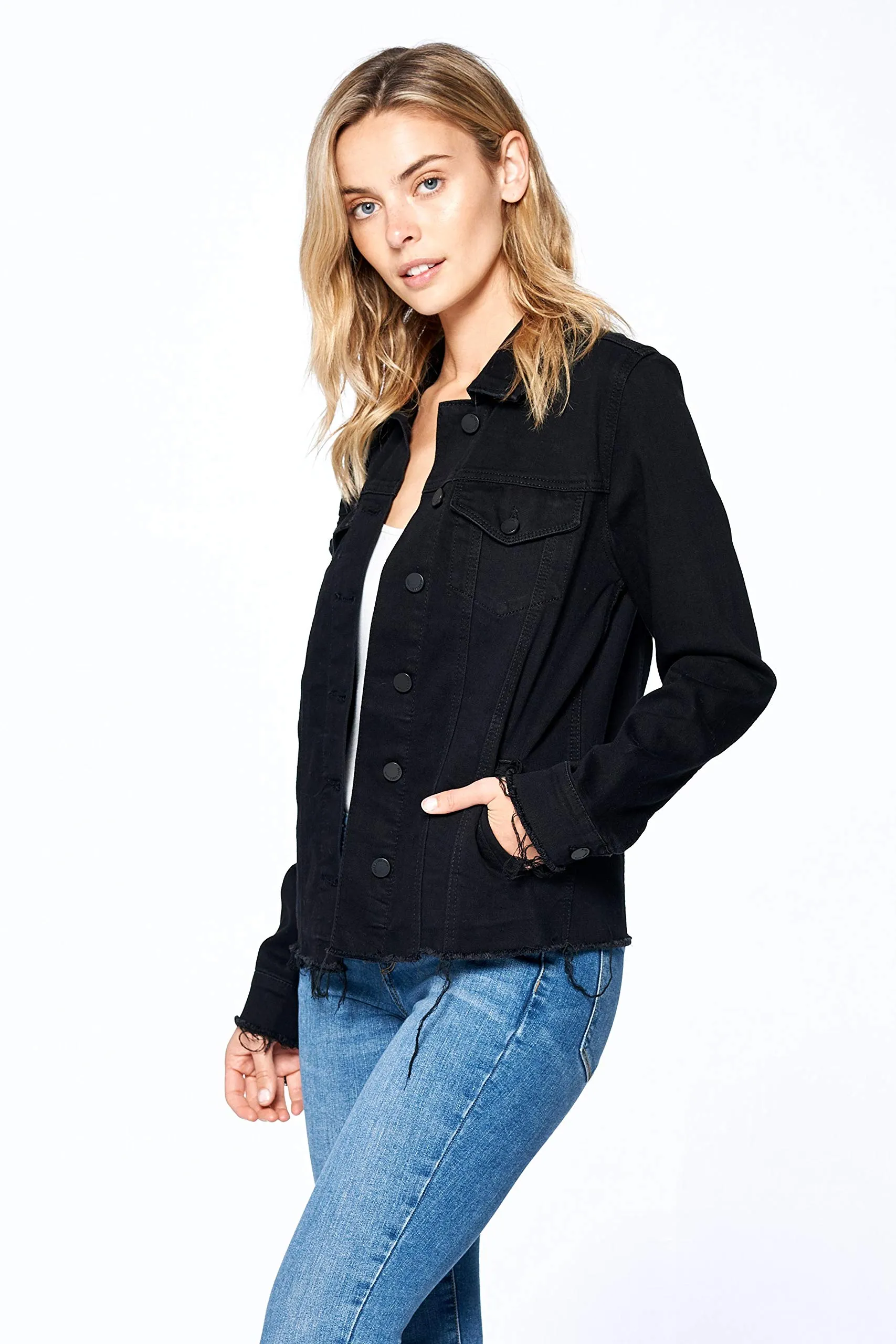 Khanomak Women's Long Sleeve Frayed Distress Denim Jean Jacket