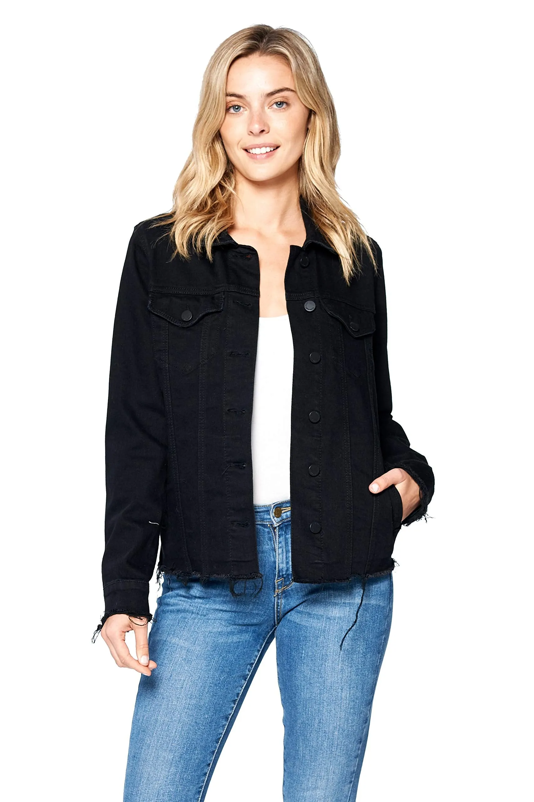 Khanomak Women's Long Sleeve Frayed Distress Denim Jean Jacket
