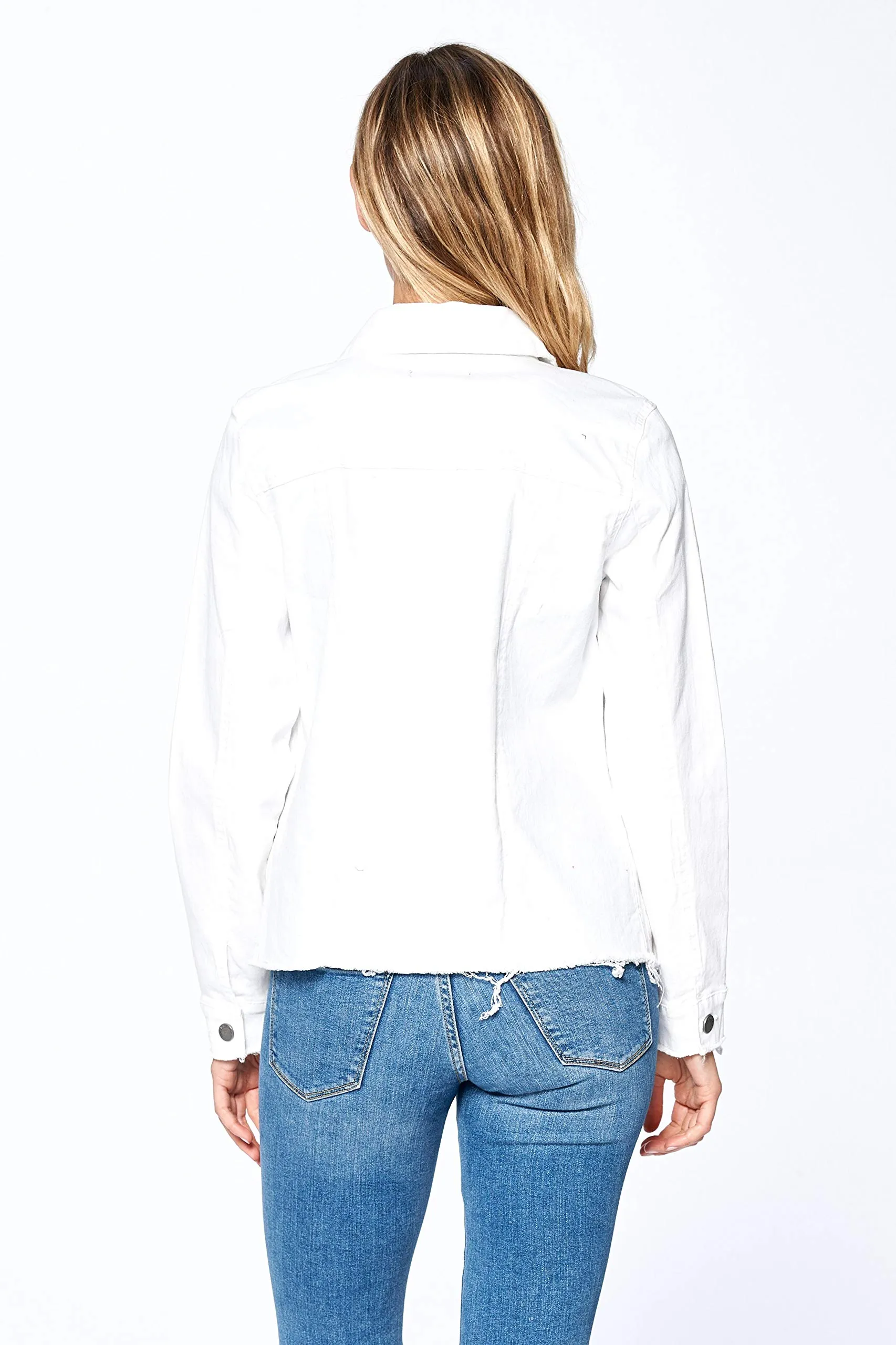 Khanomak Women's Long Sleeve Frayed Distress Denim Jean Jacket