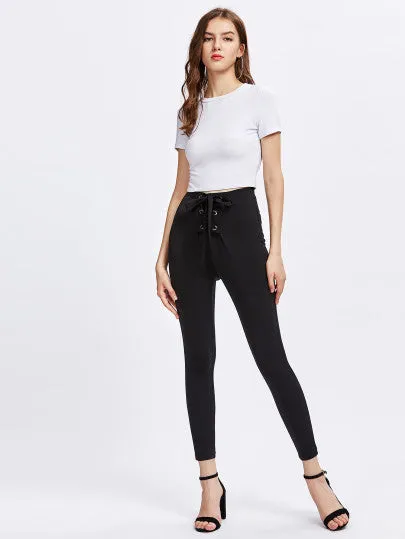 Lace up front skinny jeggings pants