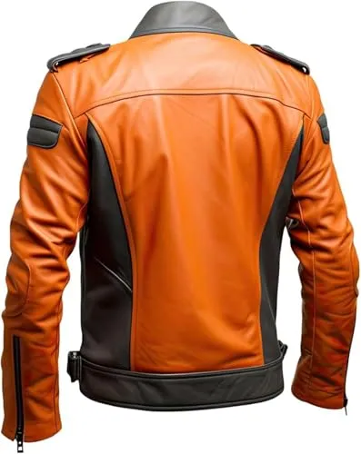 Leather Jets Mens Orange White Genuine Sheepskin Notch Lapel Collar Classy Biker Outfit Asymmetric Crossover Leather Jacket