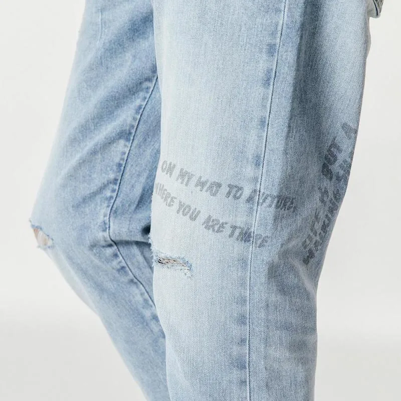 Men's Autumn Ripped Jeans With Print