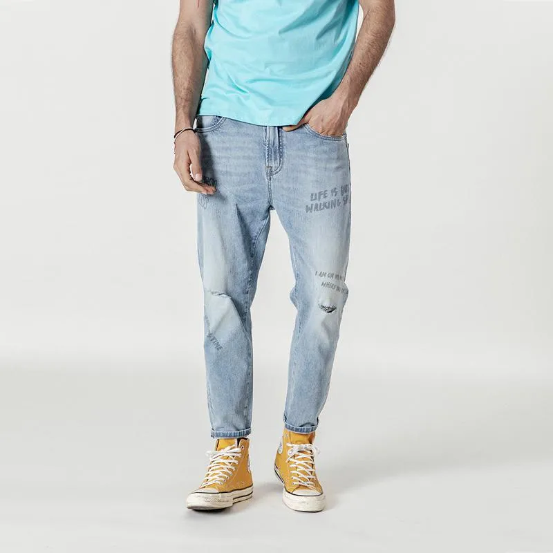 Men's Autumn Ripped Jeans With Print