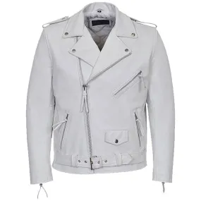 Men's Real White Cowhide Leather Bikers Jacket Thick Cow Leather Bikers Jacket