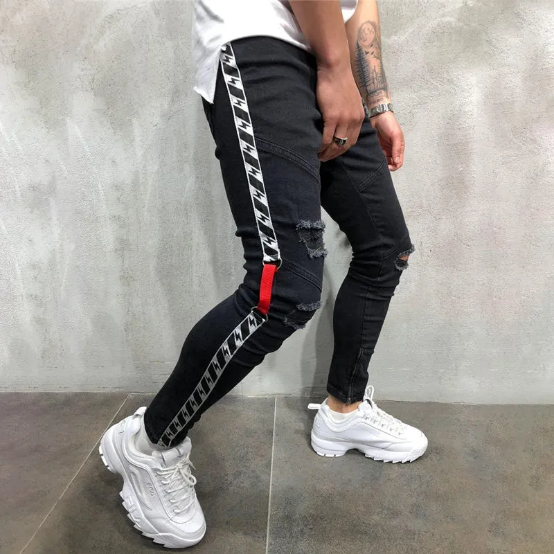 Men's Ripped Slim Striped Jeans