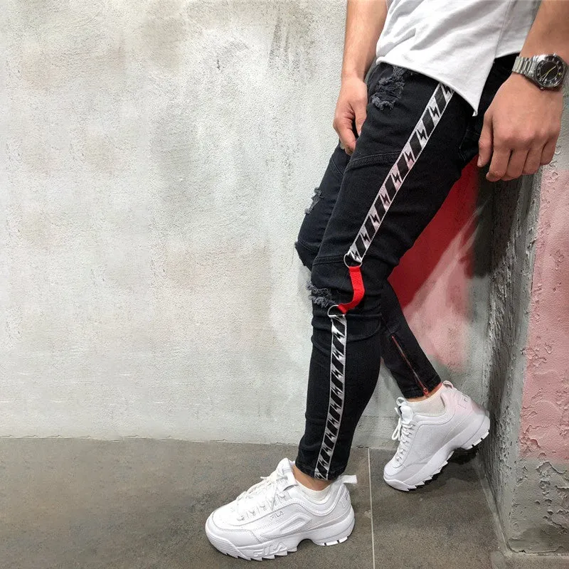 Men's Ripped Slim Striped Jeans