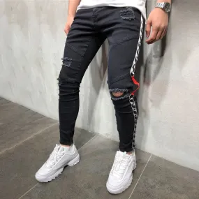 Men's Ripped Slim Striped Jeans
