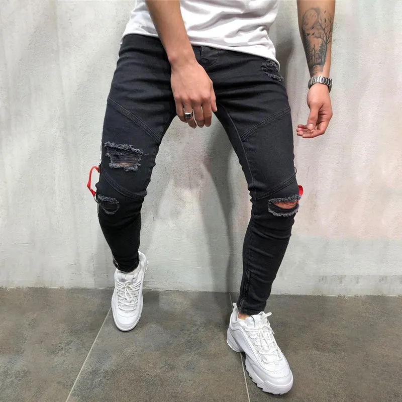 Men's Ripped Slim Striped Jeans