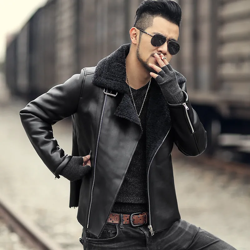 Men's Slim Woolen Faux Leather Jacket
