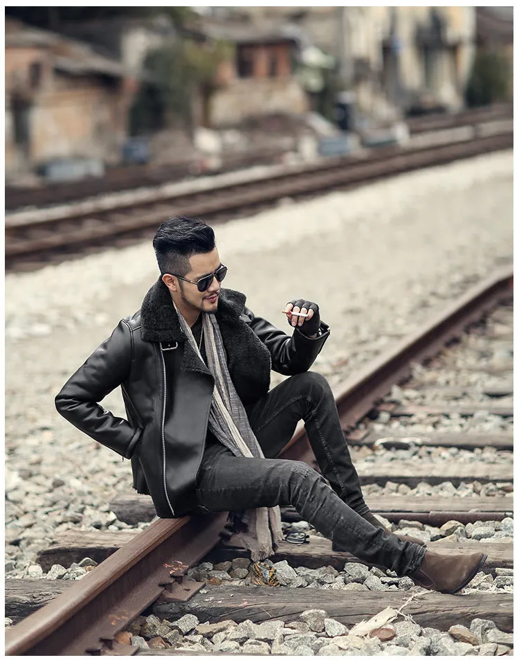 Men's Slim Woolen Faux Leather Jacket