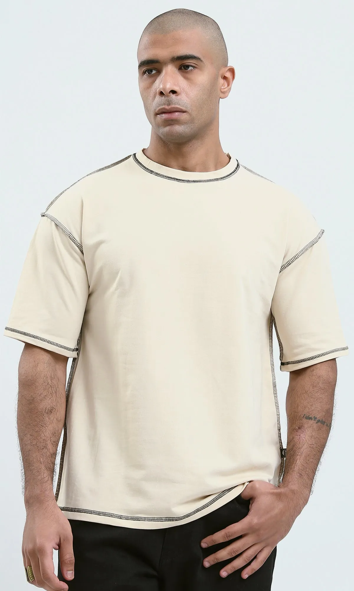 O181698 - Beige Short Sleeves Slip On Solid Tee