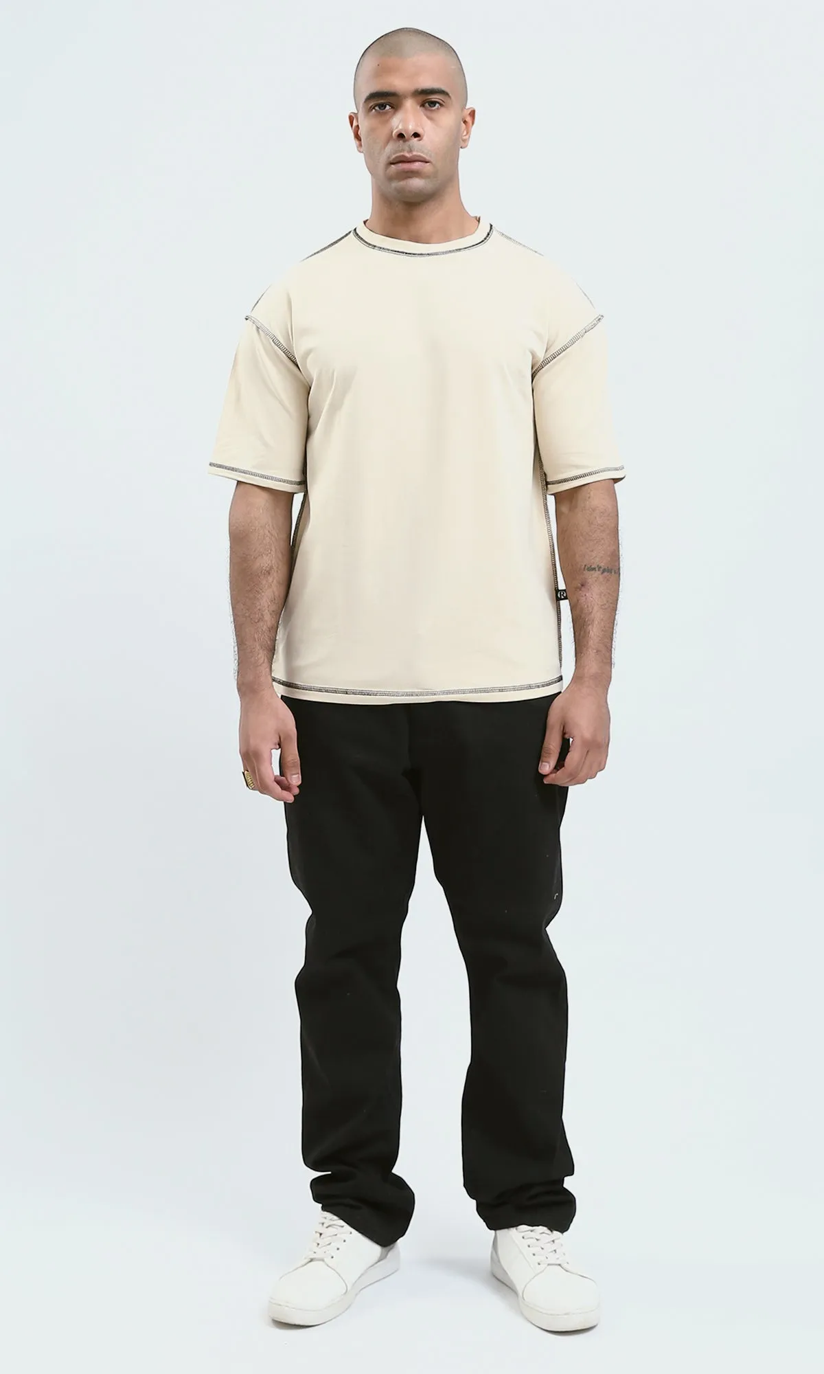 O181698 - Beige Short Sleeves Slip On Solid Tee